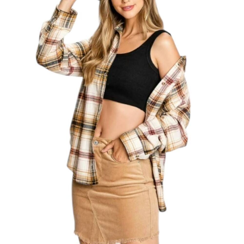 LOVE TREE CREAM & BROWN FLANNEL BLOUSE SZ.S EUC.